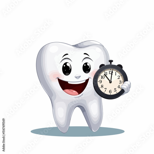 Cartoon tooth character holding a clock and smiling happily  