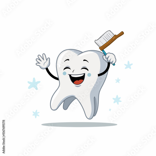 Cartoon tooth character happily holding toothbrush and smiling  