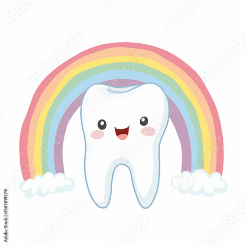 Cute cartoon tooth smiling under a rainbow with fluffy clouds  