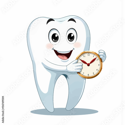 Cartoon tooth character holding a clock and smiling happily  