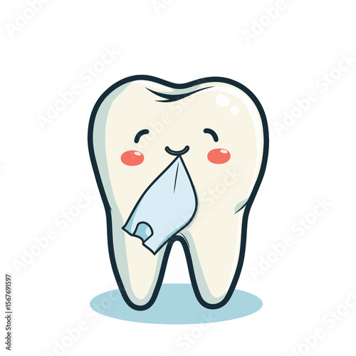 Cartoon tooth character smiling while holding a dental napkin  