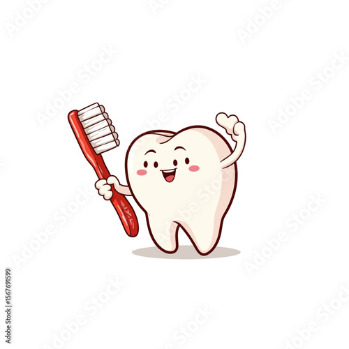 Cartoon tooth character holding toothbrush and smiling happily  