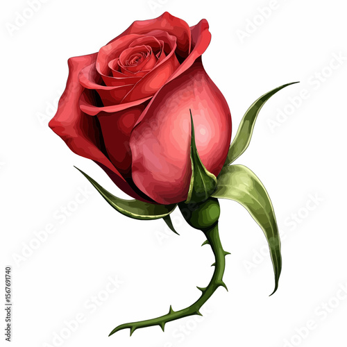 Red rose with green leaves and thorns on a white background  