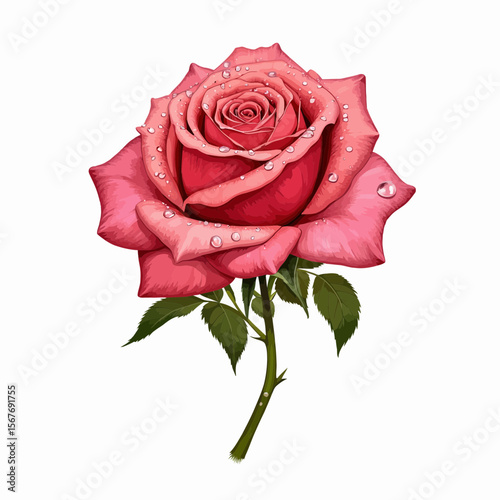 Pink rose with water droplets on petals and green leaves  