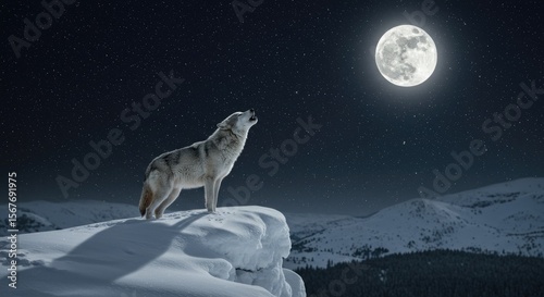 Wolf Howling At The Moon On A Snowy Mountain Top At Night With Starry Sky
