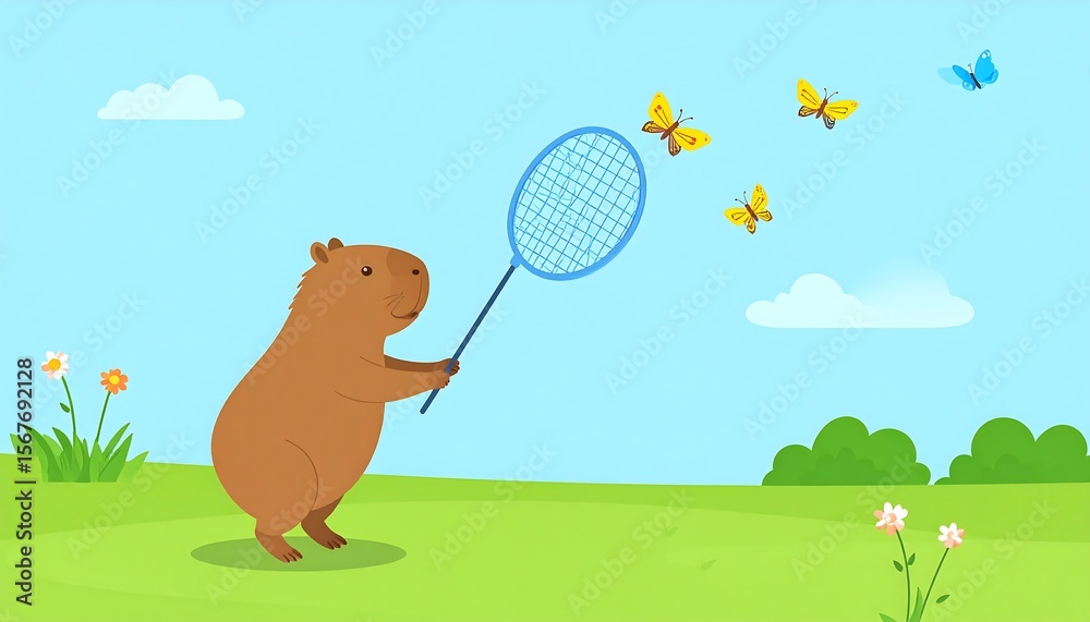 Fototapeta premium Cute Cartoon Illustration of a Small Animal Using a Net to Catch Butterflies in a Sunny Field