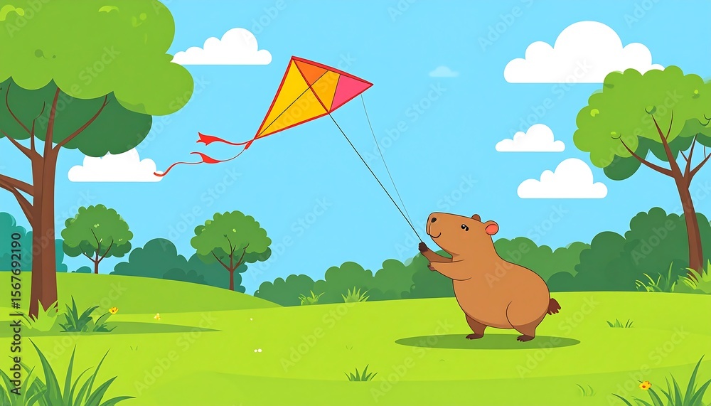 Fototapeta premium Cute cartoon animal flying kite in sunny park with trees and fluffy clouds in background