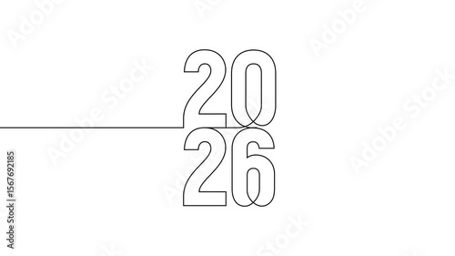 2026 year continuous line art clip self drawing animation on white black background. vertically single one line art outline illustration 2026 year numbers video