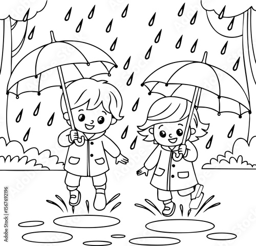 Children Jumping in Rain Puddles Line Art Vector Illustration