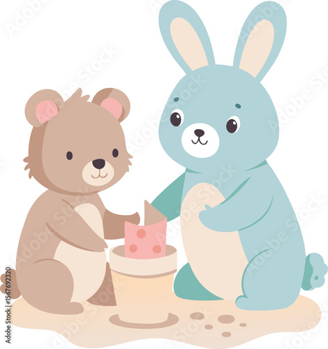 Cute Bunny and Bear Tea Time Vector