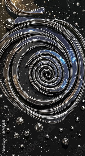 Spiral design with metallic elements on a textured background resembling outer space