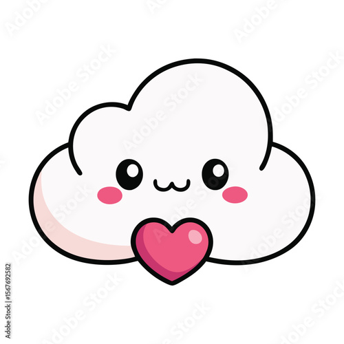 Cute Cloud Holding A Tiny Heart Kawaii Face Outline