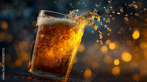 Frothy beer spilling from glass with bubbles and bokeh background high quality image