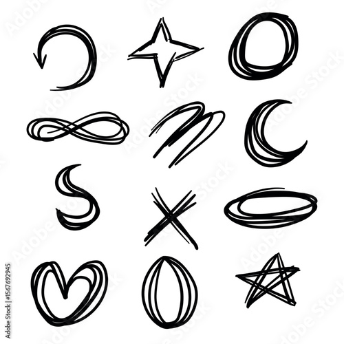 Collection of Hand-Drawn Abstract Symbols in Black Ink on White Background