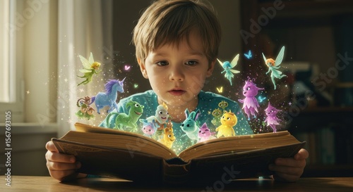 Young Boy Reading Fantasy Book With Colorful Fairies And Mythical Creatures Emerging In Magical Bright Light