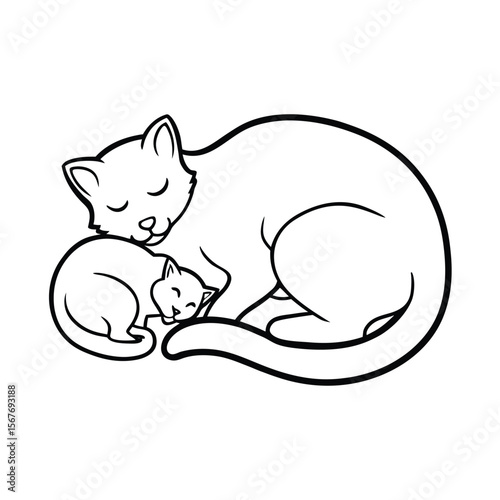 Cat wrapping tail around kitten in safe nap pose on white background Vector illustration