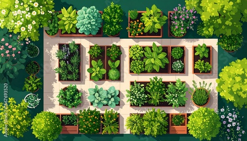 Wallpaper Mural Aerial View of Vibrant Home Garden with Various Plants and Greenery in Planter Boxes Torontodigital.ca