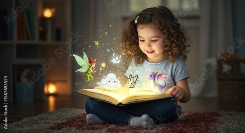Young Girl Reading a Book with Magical Elements of Fairies and Light Inside Cozy Bedroom