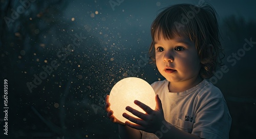 Young Child Holding Glowing Orb At Night With Illuminated Sparkles in a Dreamy Surreal Setting