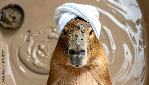 Capybara Relaxing in Mud Spa with Towel on Head, Playful Animal in Unique Pampering Scene