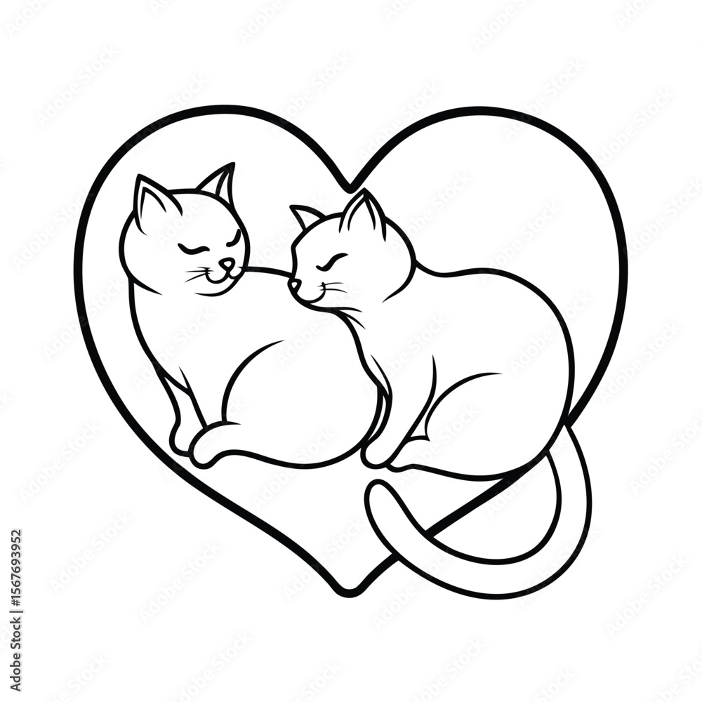 Naklejka premium Cats lying side by side forming heart with tails love on white background Vector illustration
