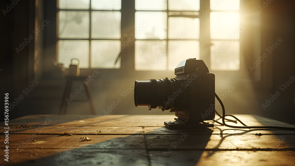 Fototapeta premium Vintage film camera in a nostalgic cinematic setting, with warm lighting and detailed lens close-up, representing classic filmmaking technology in an old workshop