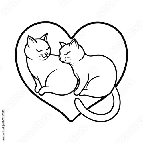 Cats lying side by side forming heart with tails love on white background Vector illustration