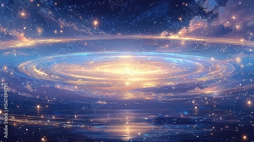https://s.mj.run/50tY95o40dA A large, circular, sci-fi, futuristic energy field with A time portal made of swirling water and glowing blue ripples from the center, floating above.