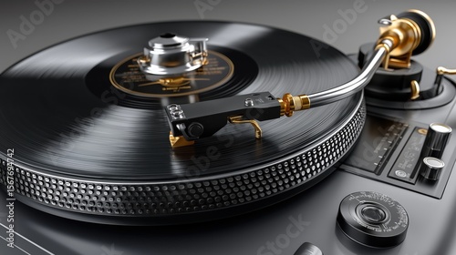 Elegant black vinyl record mockup featuring retro style with detailed turntable components for vintage music enthusiasts