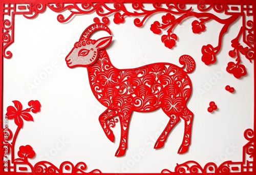 Intricate red paper cut of a lamb, traditional Chinese style, on white background, zodiac, sheep