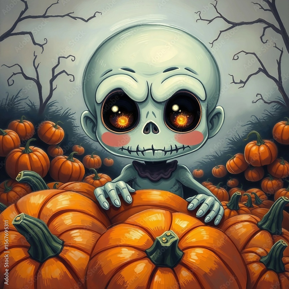 Kleiner Zombie mit riesigen Augen und rosa Bäckchen zwischen Kürbissen, witziges Halloween-Motiv mit Gruselfaktor. Kleiner Zombie mit riesigen Augen und rosa Bäckchen zwischen Kürbissen, witziges Halloween-Motiv mit Gruselfaktor.