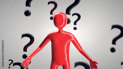 Red Humanoid Figure Standing Amidst Large Black Question Marks on Gray Background Symbolic and Abstract Representation of Confusion and Curiosity with Striking Modern Visual Elements