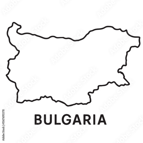 Vector representation of Bulgaria in black and white with minimal design, showing its borders outlined sharply in solid black lines.