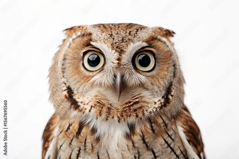 Naklejka premium Pacific Screech Owl Portrait Wide Eyes White Background