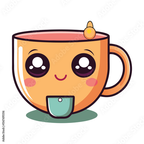 Cute Teacup With Big Eyes And A Tea Bag Hanging Out