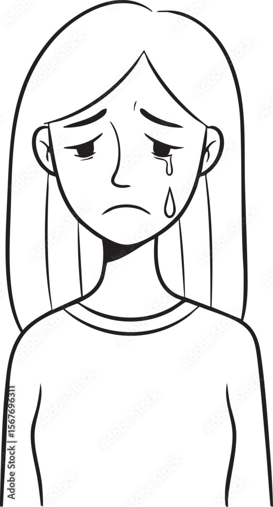 A poignant black and white line art illustration depicting a person with long hair and a sorrowful expression, a single tear falling from their eye A poignant black and white line art illustration depicting a person with long hair and a sorrowful expression, a single tear falling from their eye