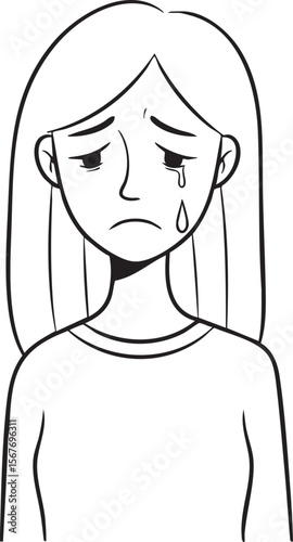  A poignant black and white line art illustration depicting a person with long hair and a sorrowful expression, a single tear falling from their eye