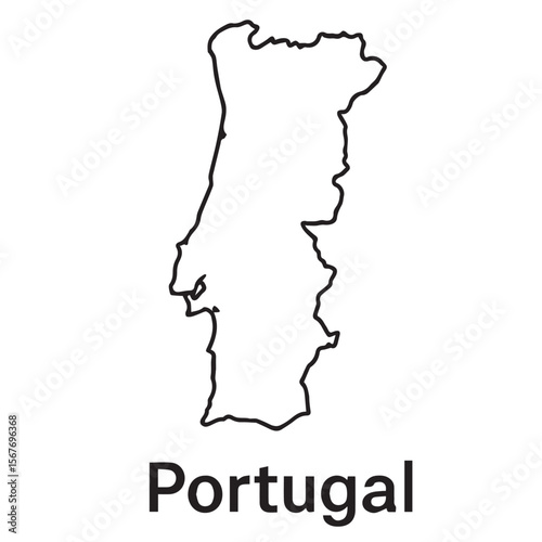 Vector representation of Portugal in black and white with minimal design, showing its borders outlined sharply in solid black lines.