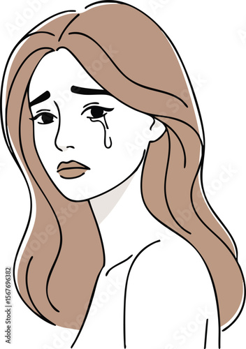 A poignant illustration depicting a woman with long, flowing light brown hair and a sorrowful expression, with a single tear falling from her eye