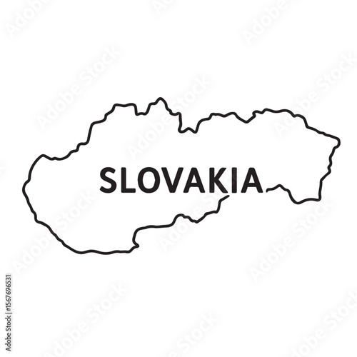 Vector representation of Slovakia in black and white with minimal design, showing its borders outlined sharply in solid black lines.

