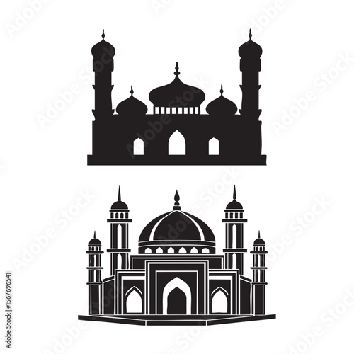 mosque with multiple domes and minarets on white background