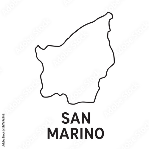 Vector representation of San Marino in black and white with minimal design, showing its borders outlined sharply in solid black lines.