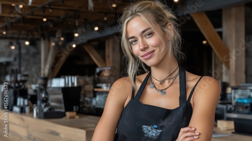 Confident female barista poses in a stylish coffee shop with an industrial vibe during a busy morning rush