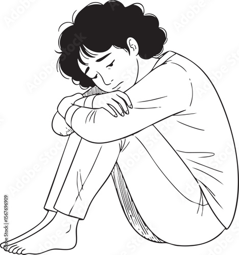 ad girl Sitting Alone and Hugging Knees Line Art.