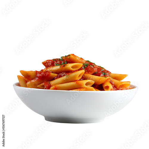 arrabiata pasta penne in a white bowl
