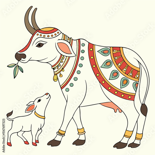Colorful cow and calf illustration showcasing Indian traditional decoration and the cultural bond between animals.