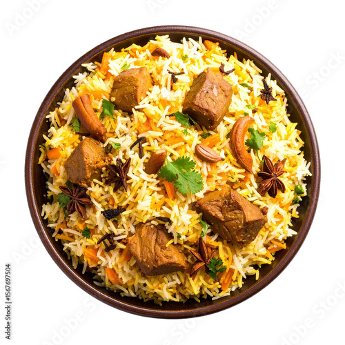 Traditional Lucknowi Biryani Served on Rustic Plate on transparent background