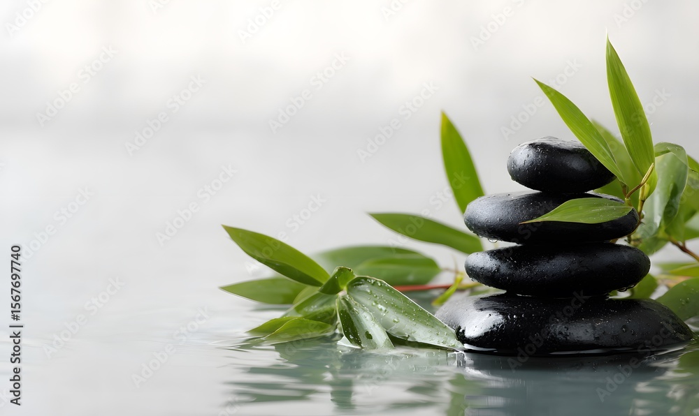 Obraz premium A tranquil scene of smooth black rocks stacked on top of each other, with bamboo leaves floating in the water beside them, Generative AI