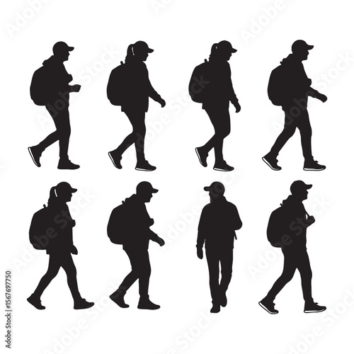Eight Black Silhouettes of People Walking Wearing Backpacks and Caps Against a White Background