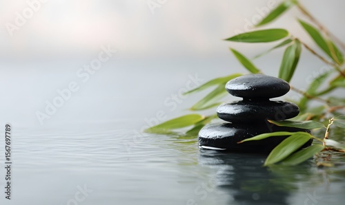 A tranquil scene of smooth black rocks stacked on top of each other, with bamboo leaves floating in the water beside them, Generative AI